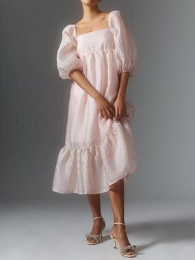 NWT Anthropologie Blush Pink Textured Puff-Sleeve Midi Dress Size S